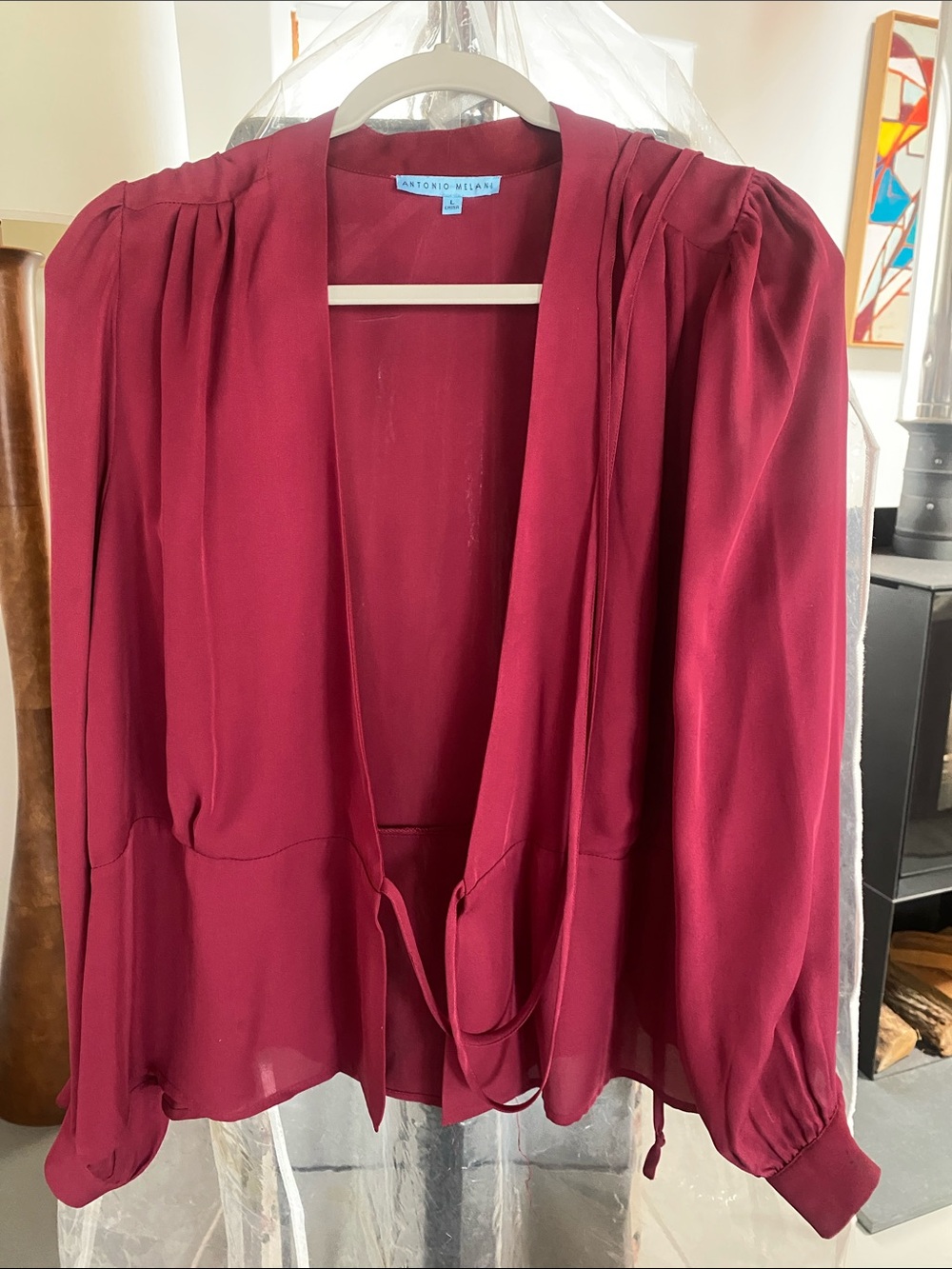 ANTONIO MELANI Burgundy Open-Front Draped Blouse